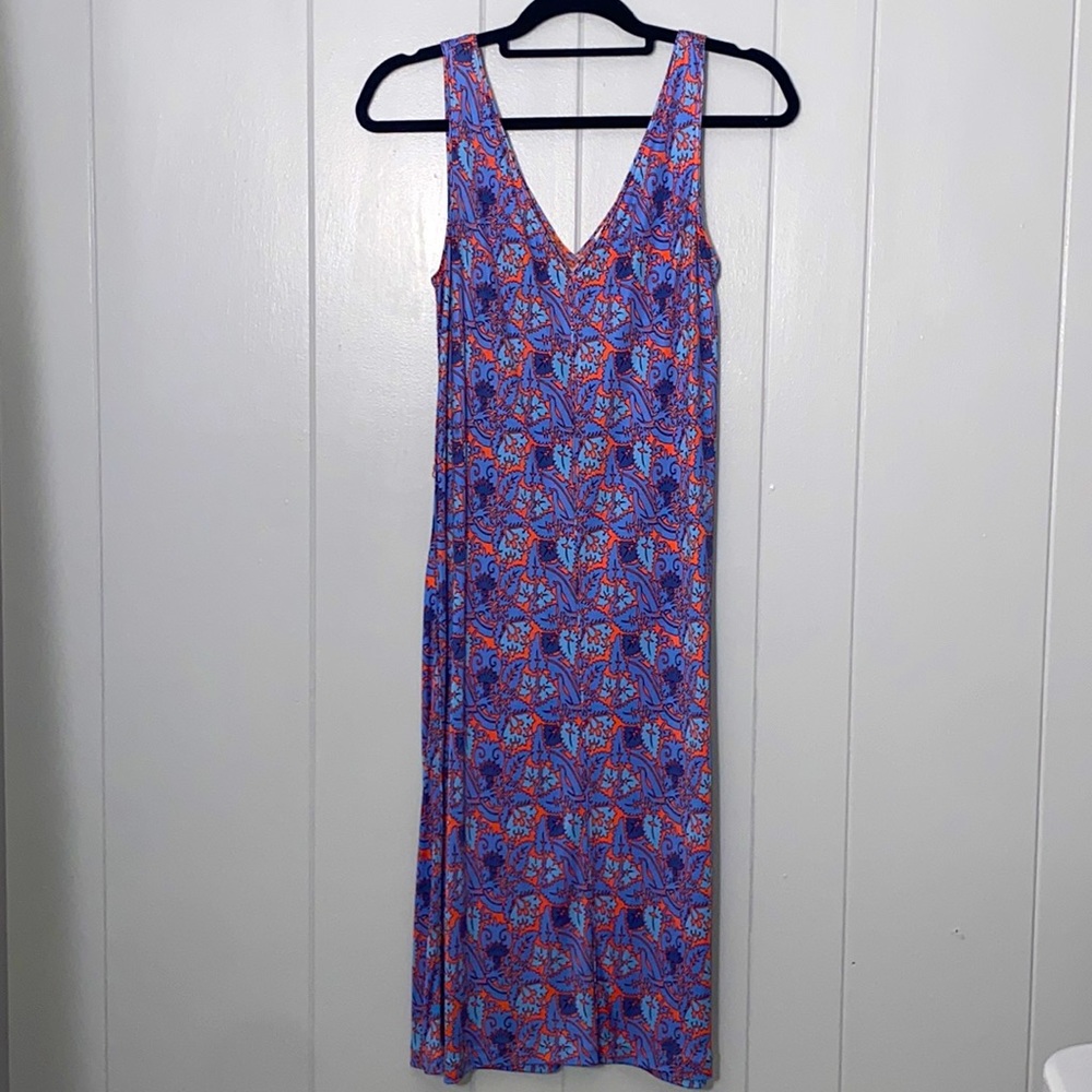 Tory Burch V-Neck Sleeveless Sandy Blue Coral Spring Summer Dress Size M